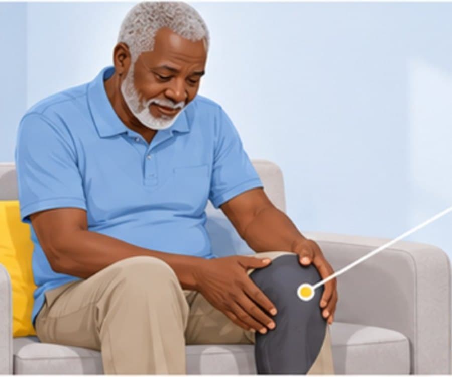 Illustration of an older man seated at home holding his painful knee, with an inset diagram of a joint with worn cartilage