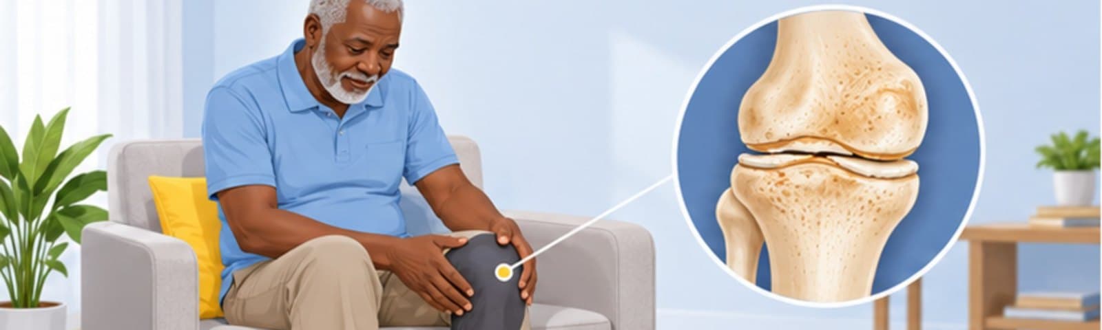 Illustration of an older man seated at home holding his painful knee, with an inset diagram of a joint with worn cartilage