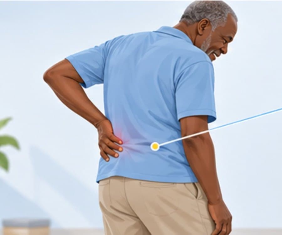 Illustration of an older man holding his lower back, with an inset diagram of a spine and the lower back highlighted