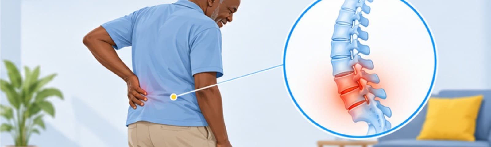 Illustration of an older man holding his lower back, with an inset diagram of a spine and the lower back highlighted