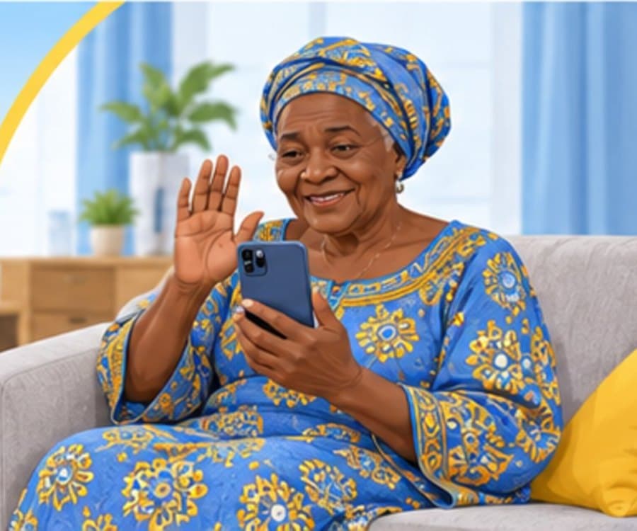 Illustration of an older woman at home on a video call with her adult daughter, who is living abroad