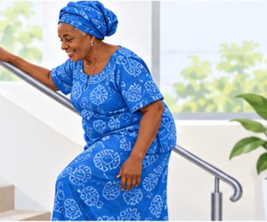 Illustration of an older woman steadying herself on a handrail beside a staircase at home, with a walking stick nearby