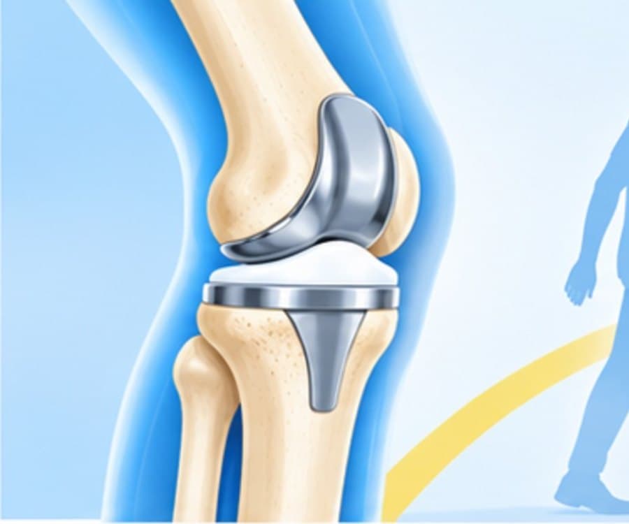Illustration of a knee joint fitted with a knee replacement implant, beside the silhouette of a person walking