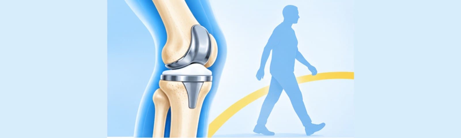 Illustration of a knee joint fitted with a knee replacement implant, beside the silhouette of a person walking