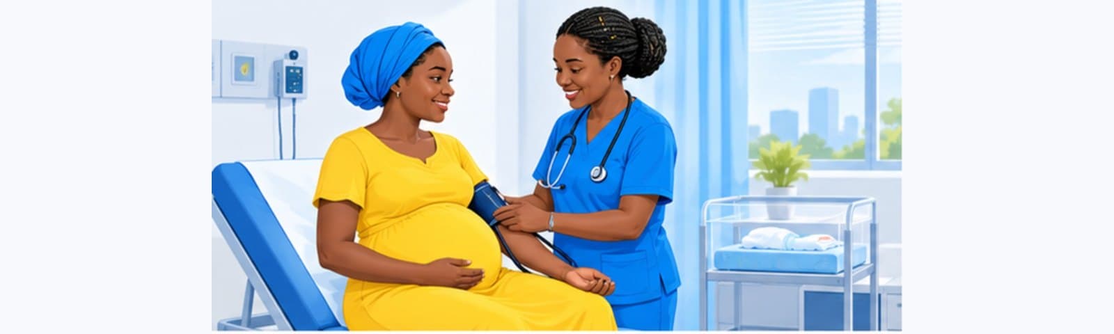 Illustration of a midwife checking the blood pressure of a pregnant woman seated on an examination couch, with a cot beside them