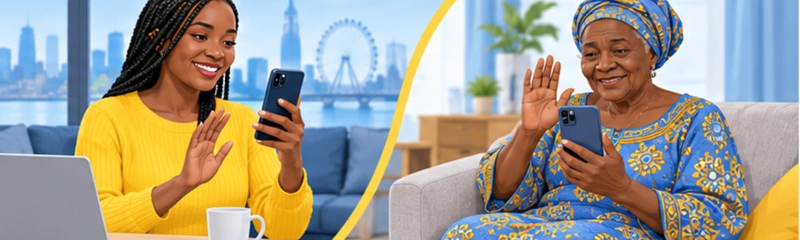 Illustration of an older woman at home on a video call with her adult daughter, who is living abroad